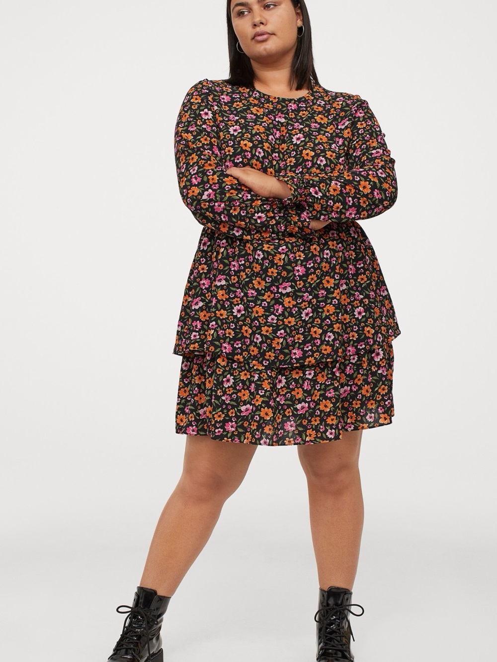 H&M Floral Tiered Long-Sleeve Mini Dress - Black with Orange & Pink Flowers